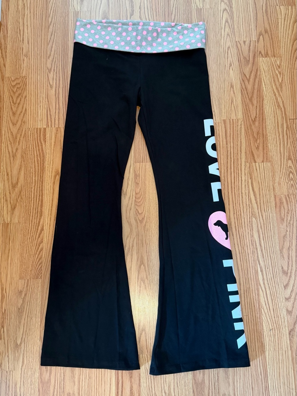 PINK Victoria's Secret Love Pink Originals Black Flare Leggings Polka Dot L